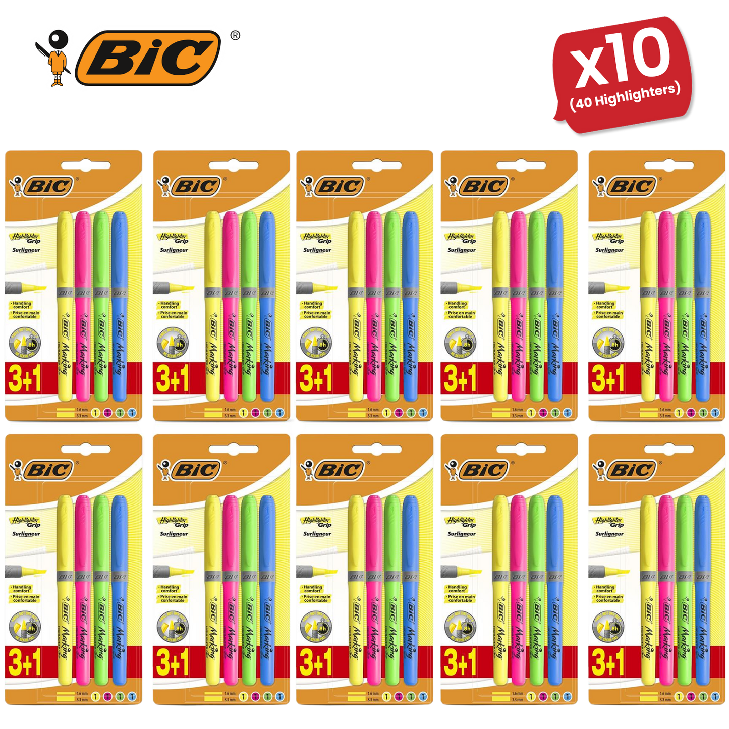 BIC Briteliner Grip Highlighters - Yellow/Blue/Green/Pink (Pack of 4)