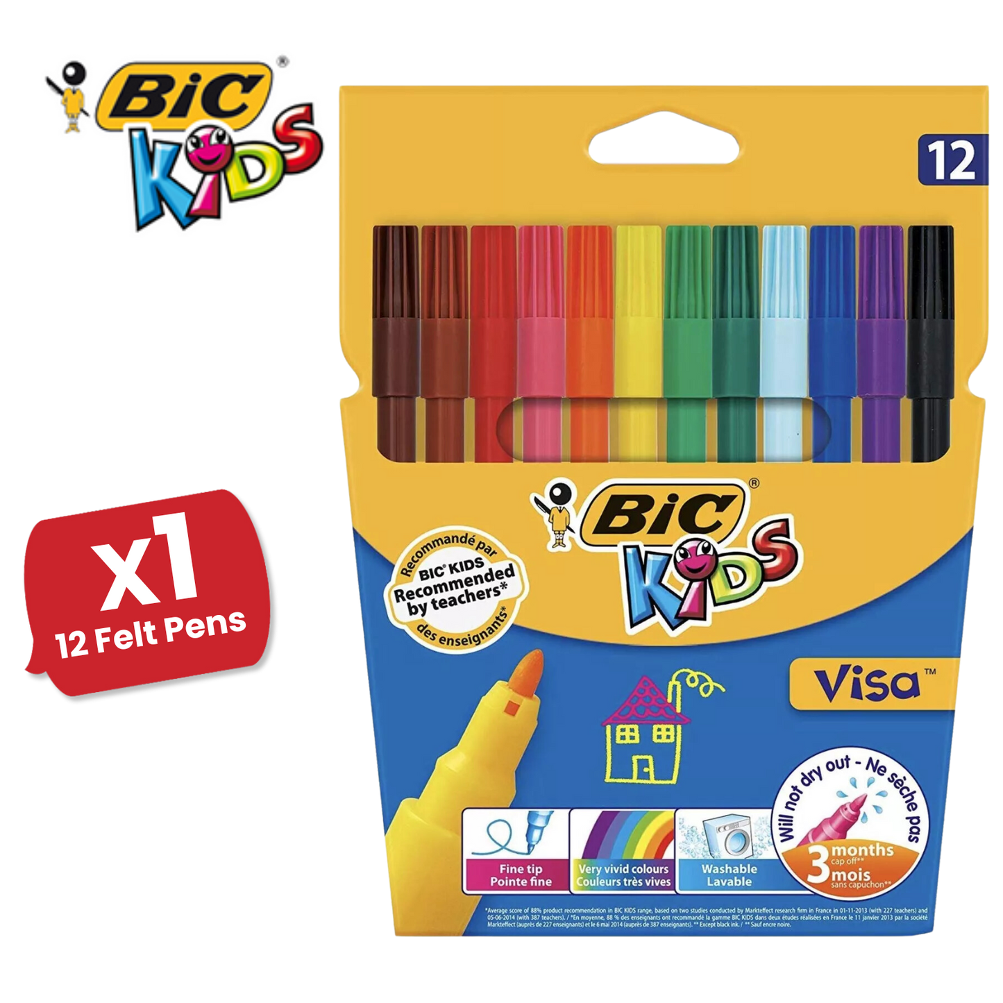 BIC Kids Visa Felt Pens Assorted Colours - Wallet of 12 - 1 to 5 Packs