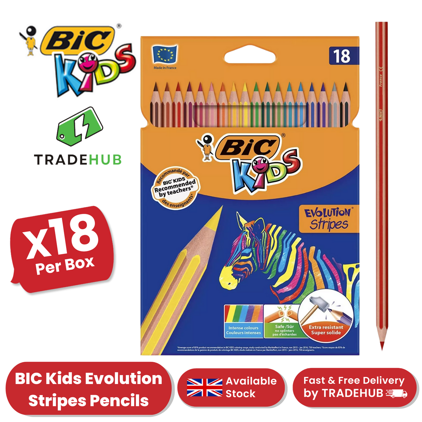 BIC Kids Evolution Stripes Colouring Pencils Assorted - Pack of 18
