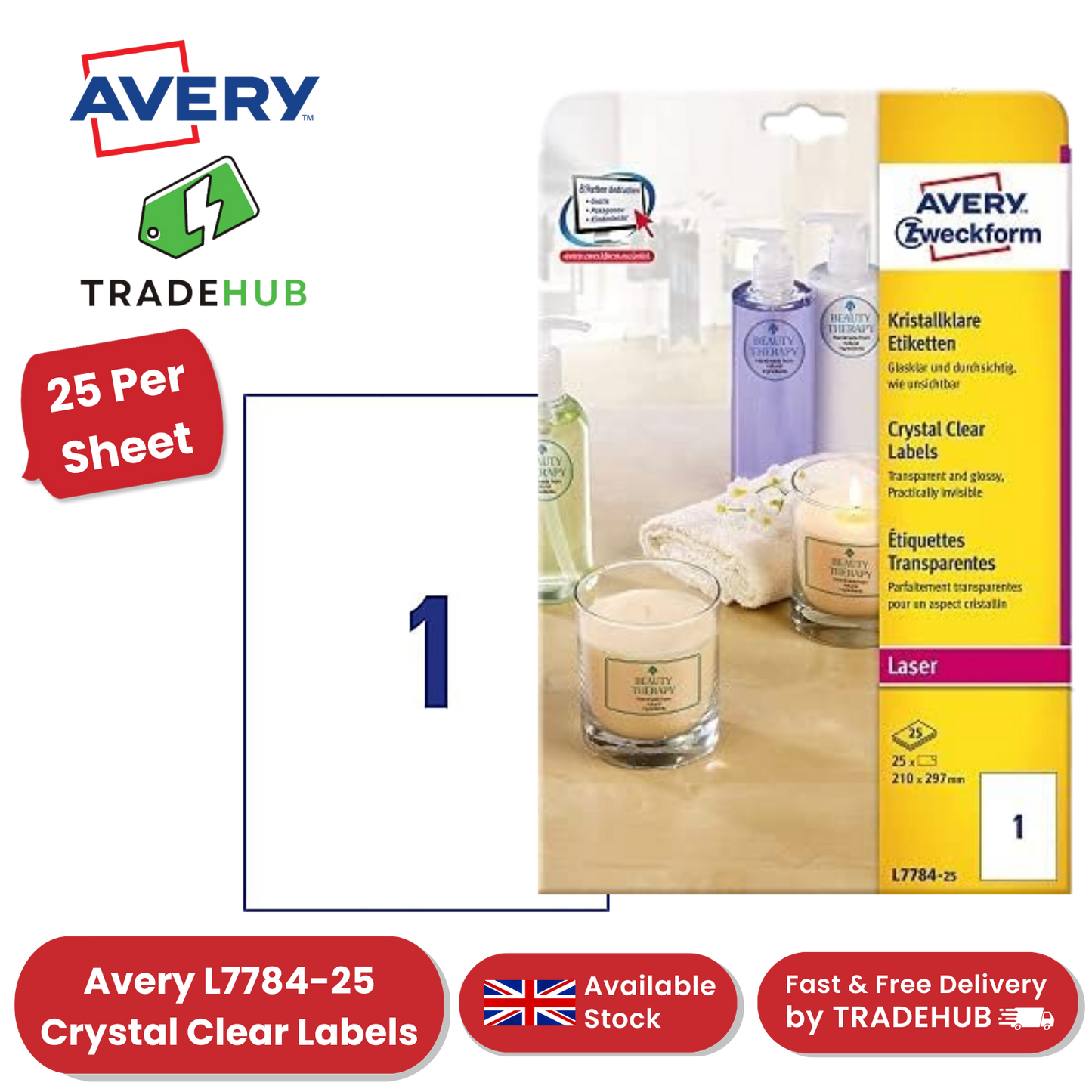 Avery L7784-25 Crystal Clear Labels, 25 per sheet, 210 x 297 mm - 1 to 5