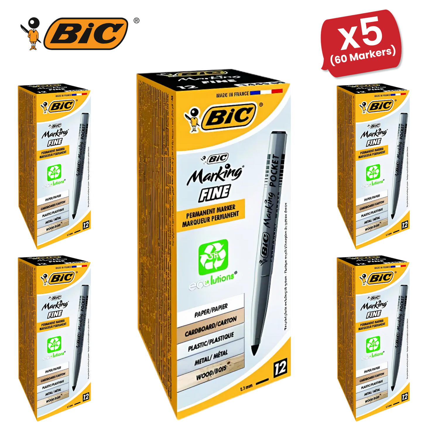 Bic Pocket Permanent Black Bullet Tip Marker (Pack of 12) 8209021 - 5 Packs