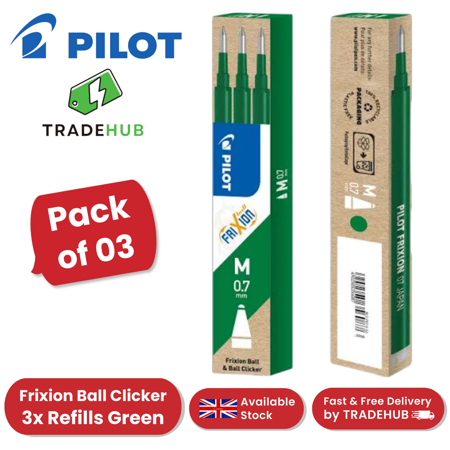 Pilot Frixion Refills 0.7mm Green (Pack of 3) Office, School & Home Use