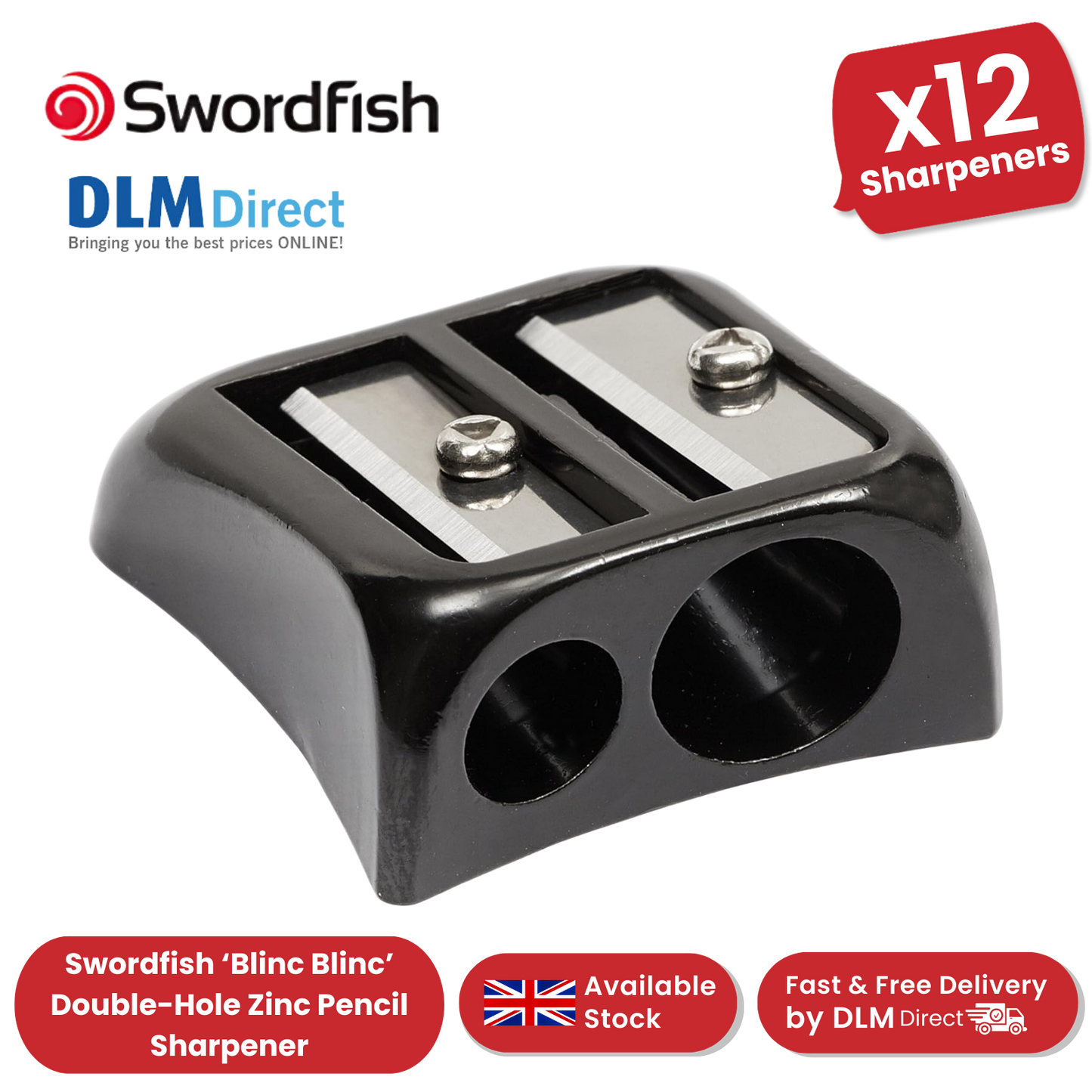 Swordfish Blinc Blinc Double-Hole Zinc Pencil Sharpener, Black - Pack of 12