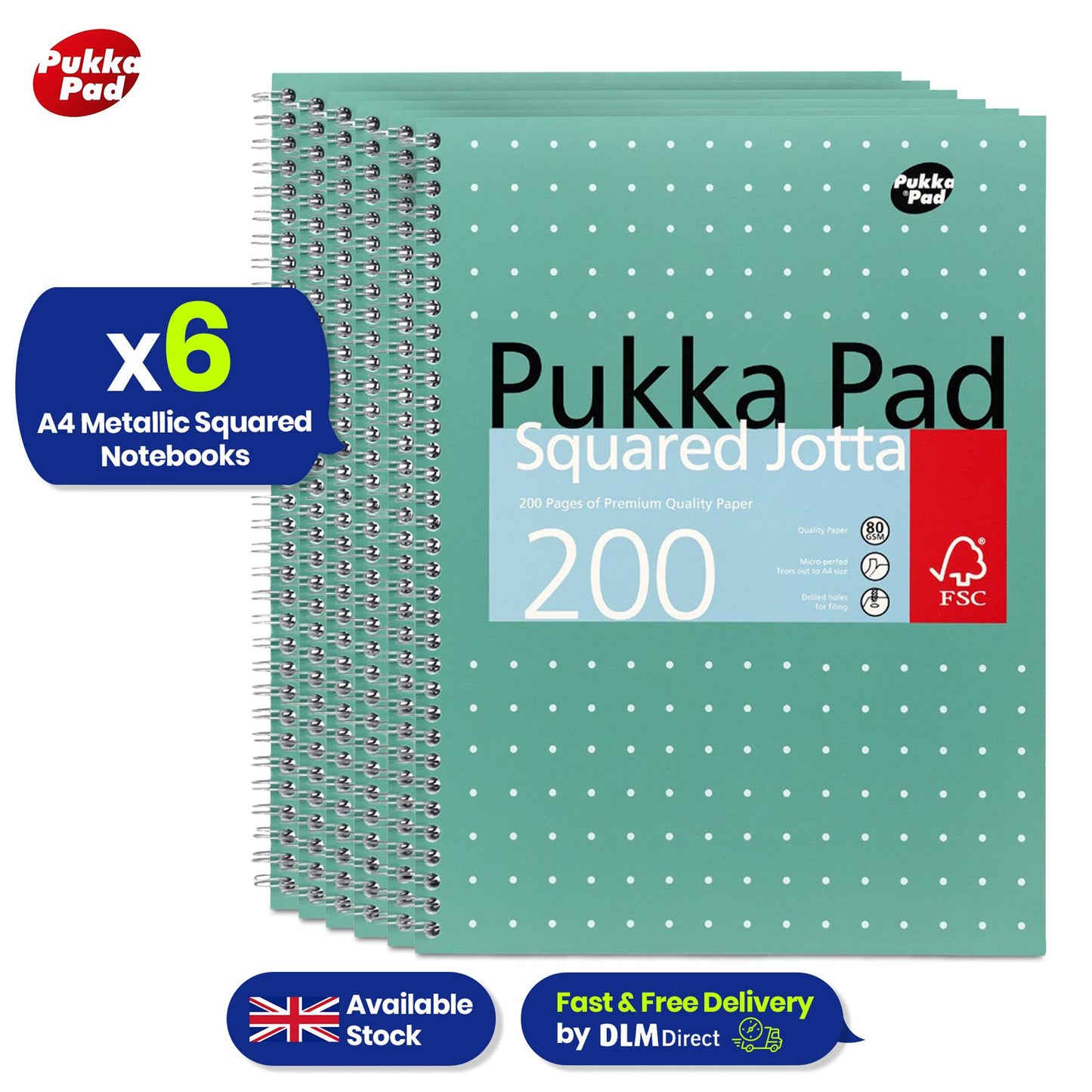 6x Pukka Pad A4 Metallic Squared & Lined Notebooks 200 Pages 80GSM Wirebound