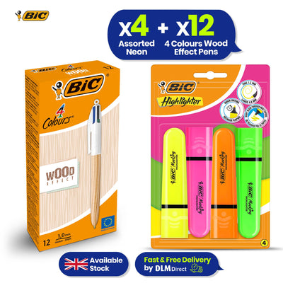 BIC Wood Effect Multi Colour Pens Pack of 12 and Pack of 4 Neon Highlighter Set