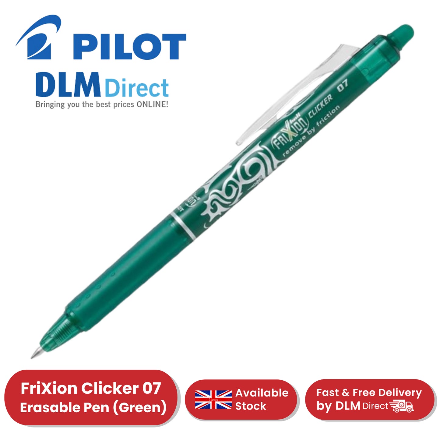 Pilot FriXion Clicker Erasable Gel Rollerball Multiple Pens 0.7mm Tip Line Green