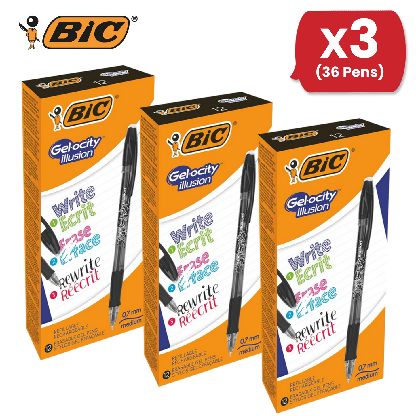 BIC Gel-Ocity Illusion 0.7mm Erasable Gel Pens Black - Pack of 12 Refillable