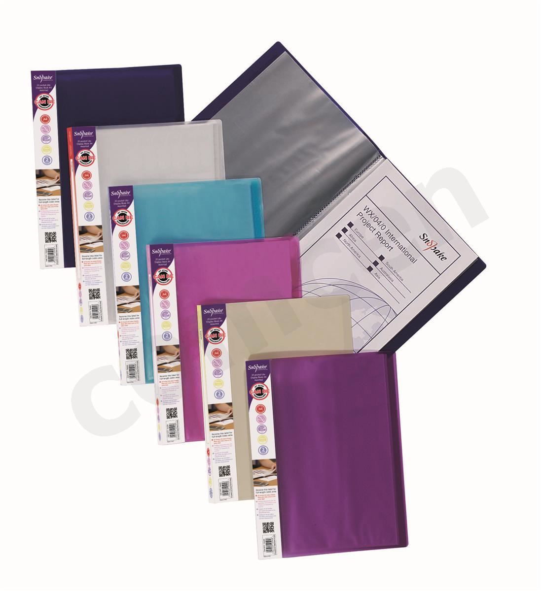 SNOPAKE DISPLAY BOOK 20 POCKETS A4 ASSORTED - PACK OF 12