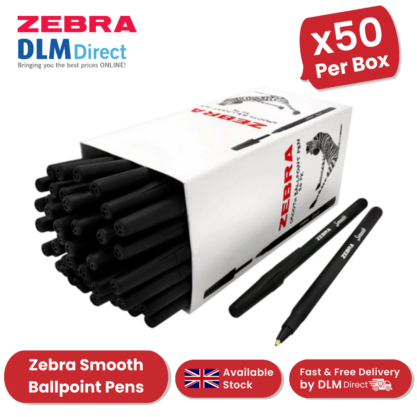 Zebra Smooth 1.0mm Tip Black - Ballpoint Pens Office & School Use - Box of 50