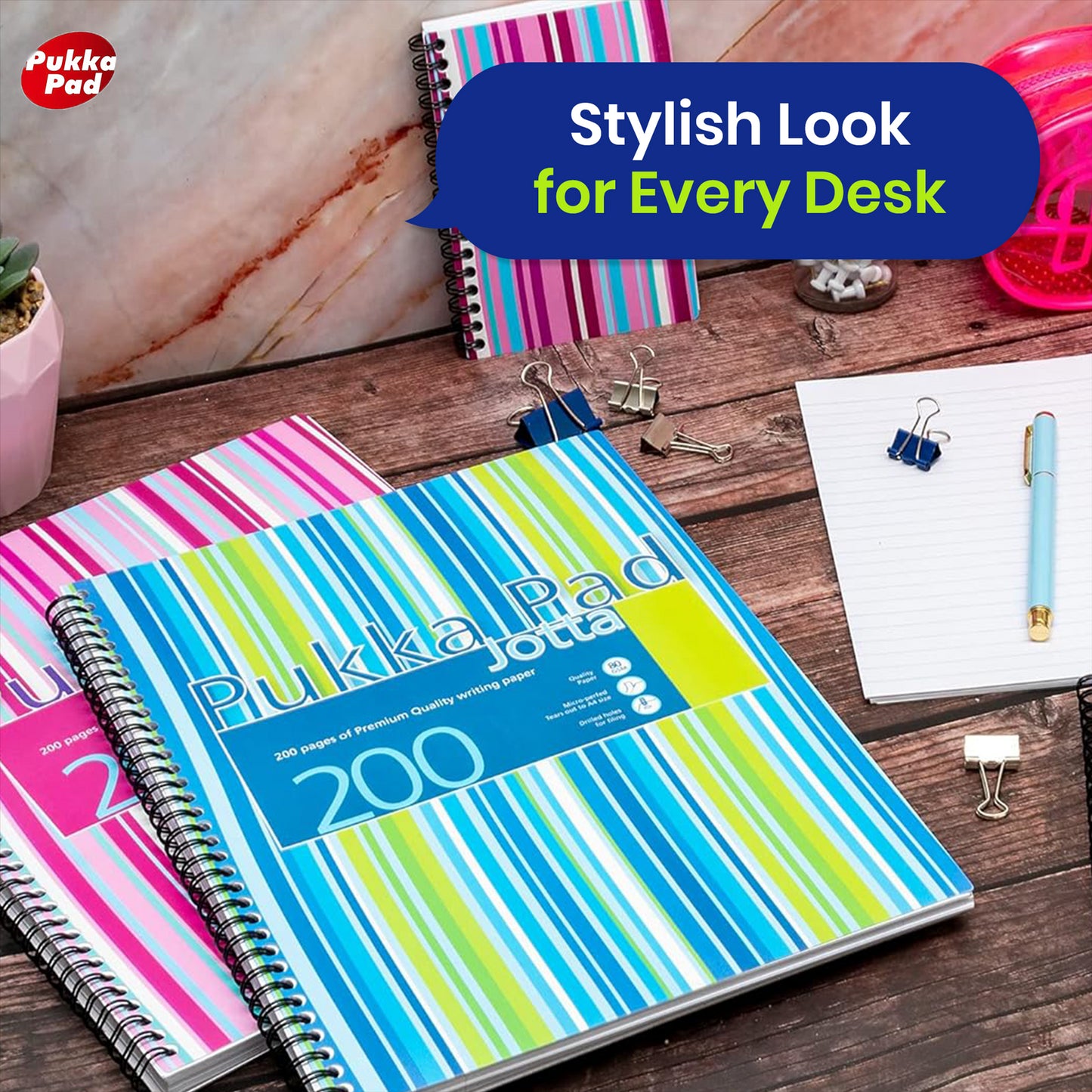 Pukka Pad, Striped Jotta Pad A5 Notebook 3-Pack with Twin Wire Binding - 200 Pages of 80GSM Paper with 8mm Lines and Perforated Edges � Assorted Colours, 21 x 14.5 cm