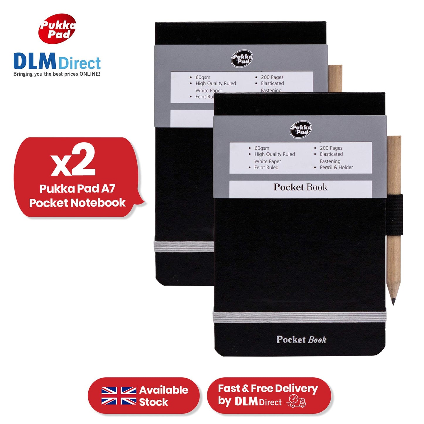 Pukka Pad Pocket Book - 200 Pgs A7 Black Notepad with Pencil & Elastic Strap for Journaling