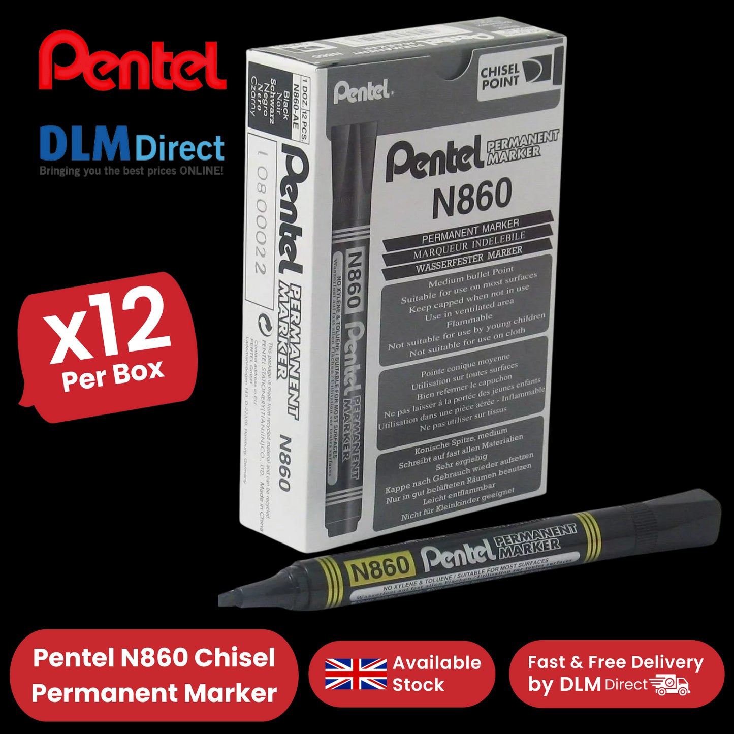 Pentel N860 PERMANENT CHISEL MARKER BLACK - Pack of 12