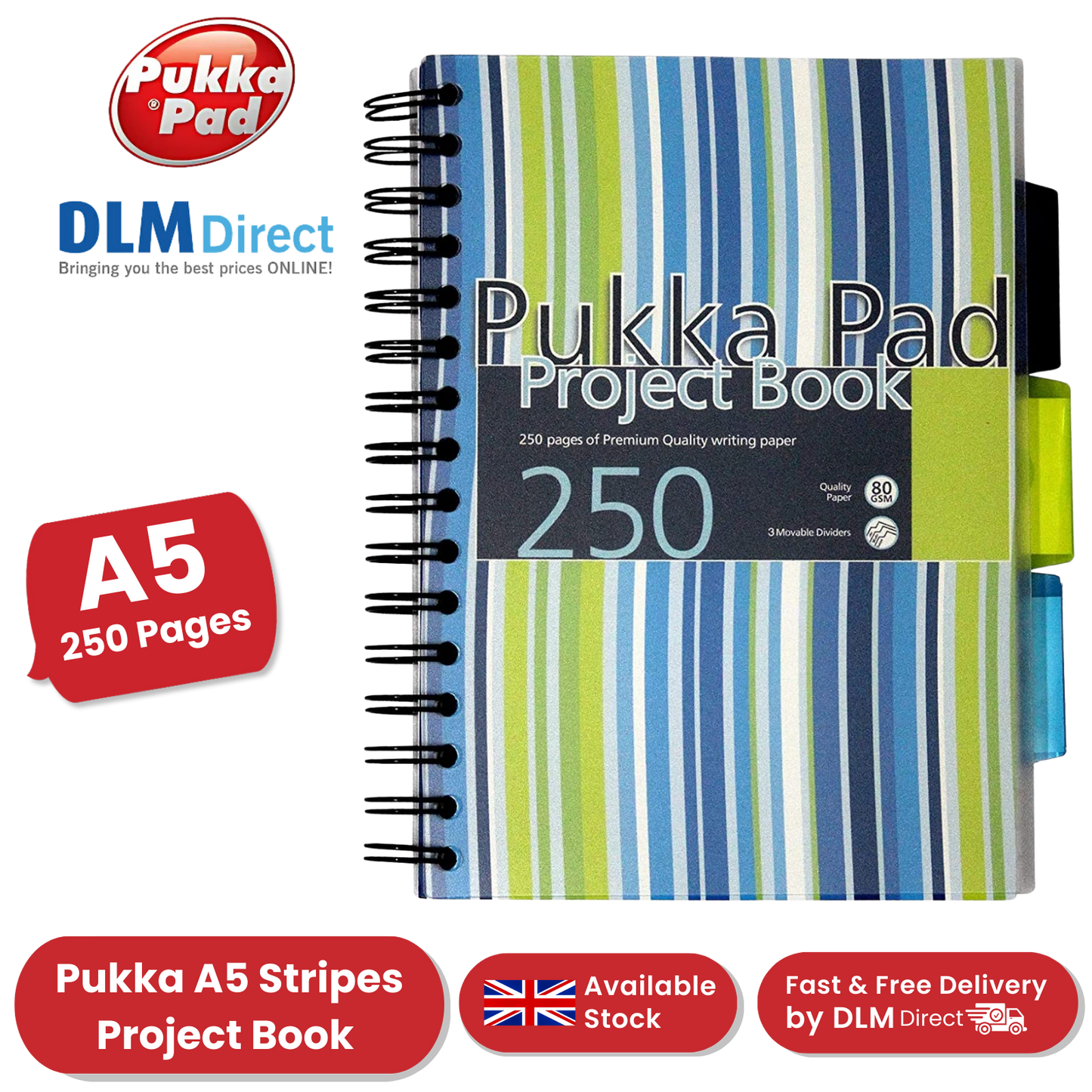 Pukka A5 Stripes Project Book, 250 Page, Lined, Single Notebook for Study & Work