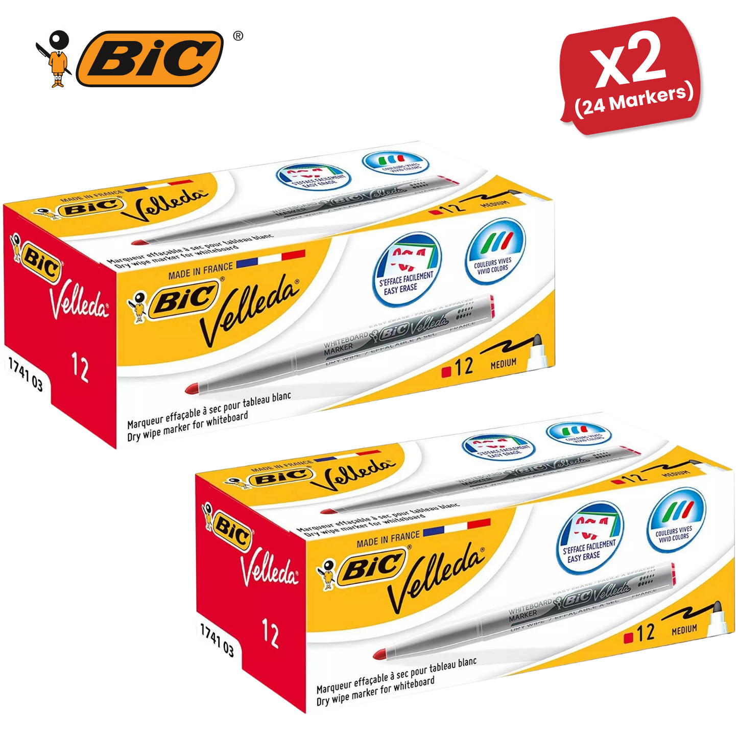 Bic Velleda 1741 Whiteboard Drywipe Markers Red – Long-Lasting Pens Box of 12Bic Velleda 1741 Whiteboard Drywipe Markers Red – Long-Lasting Pens Box of 12