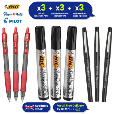 Paper Mate Flair Black Pens 3x, Pilot G2 Red Gel Pens Pack of 3, Bic 2300 Black Permanent Markers Set 3x