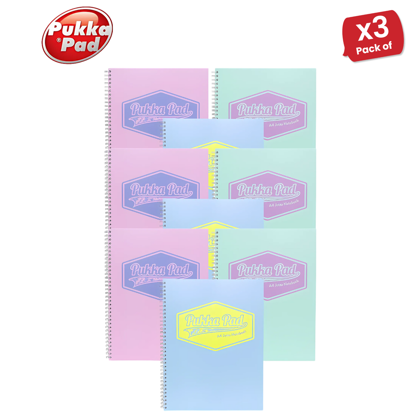 Pukka Pad Pastel Jotta Pad A4, Lined Notebook for School, Work & Notes Pack of 3