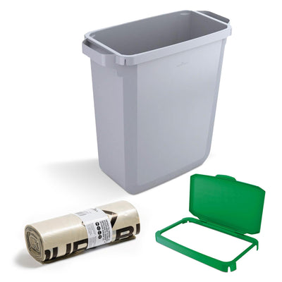 DURABIN 60L Grey Bin Set and Green Hinged Lid with Paper Slot & 25x 110L Bin Bags