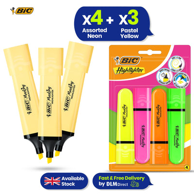 BIC Highlighter Flat Marker Pastel Yellow Pack of 3 & 4x Assorted  Neon Chisel Tip Quick Dry