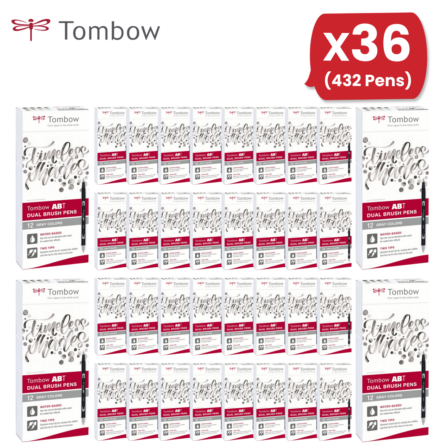 Tombow ABT Dual Brush Pen 2 tips Grey Tones Pack of 12 - 1 to 36 Packs