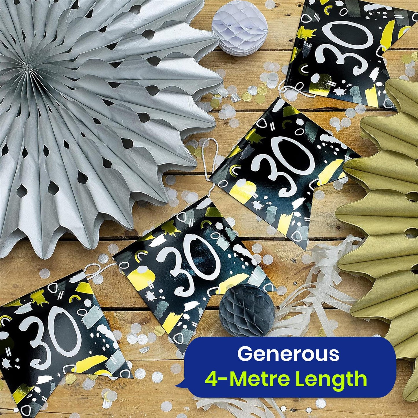 Happy 30th Birthday Black and White Bunting 4M Party Banner with 10 Flags Durable