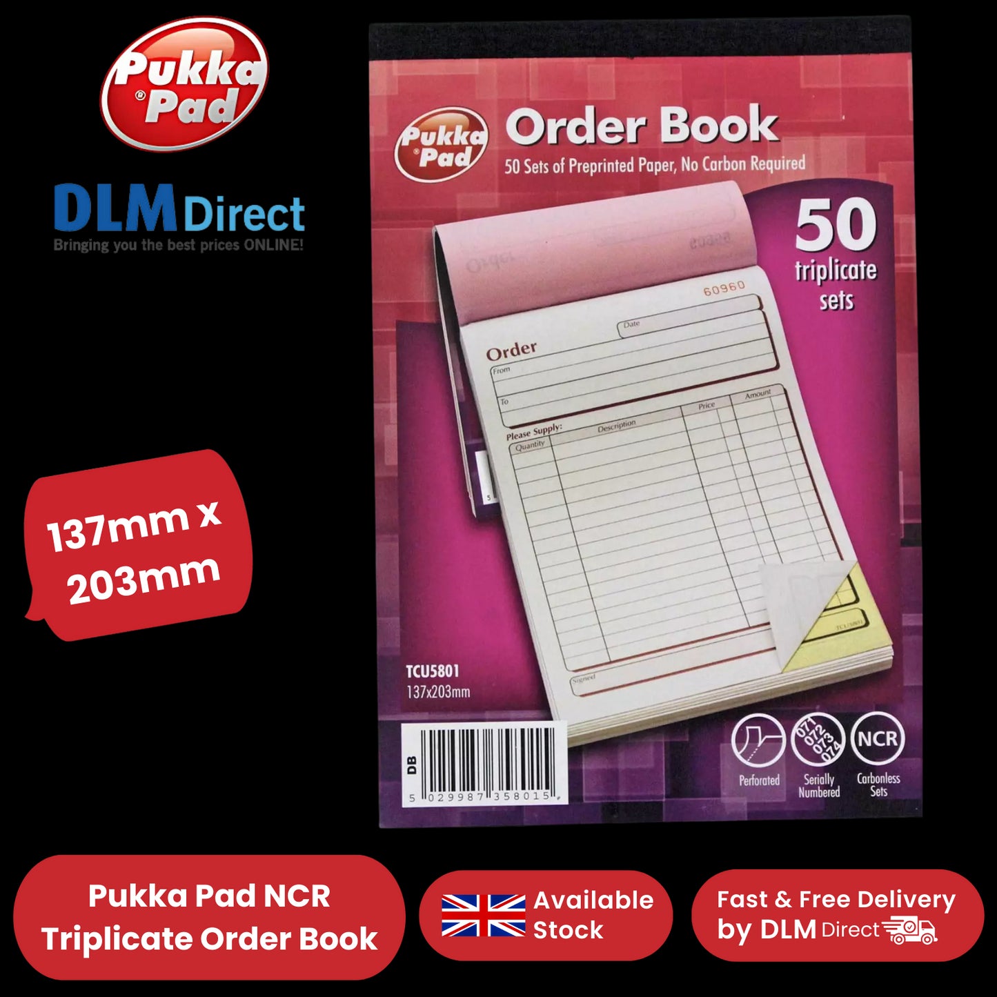 Pukka Pad NCR Triplicate Order Book 137mm x 203mm - Single - 1 to 36 Packs