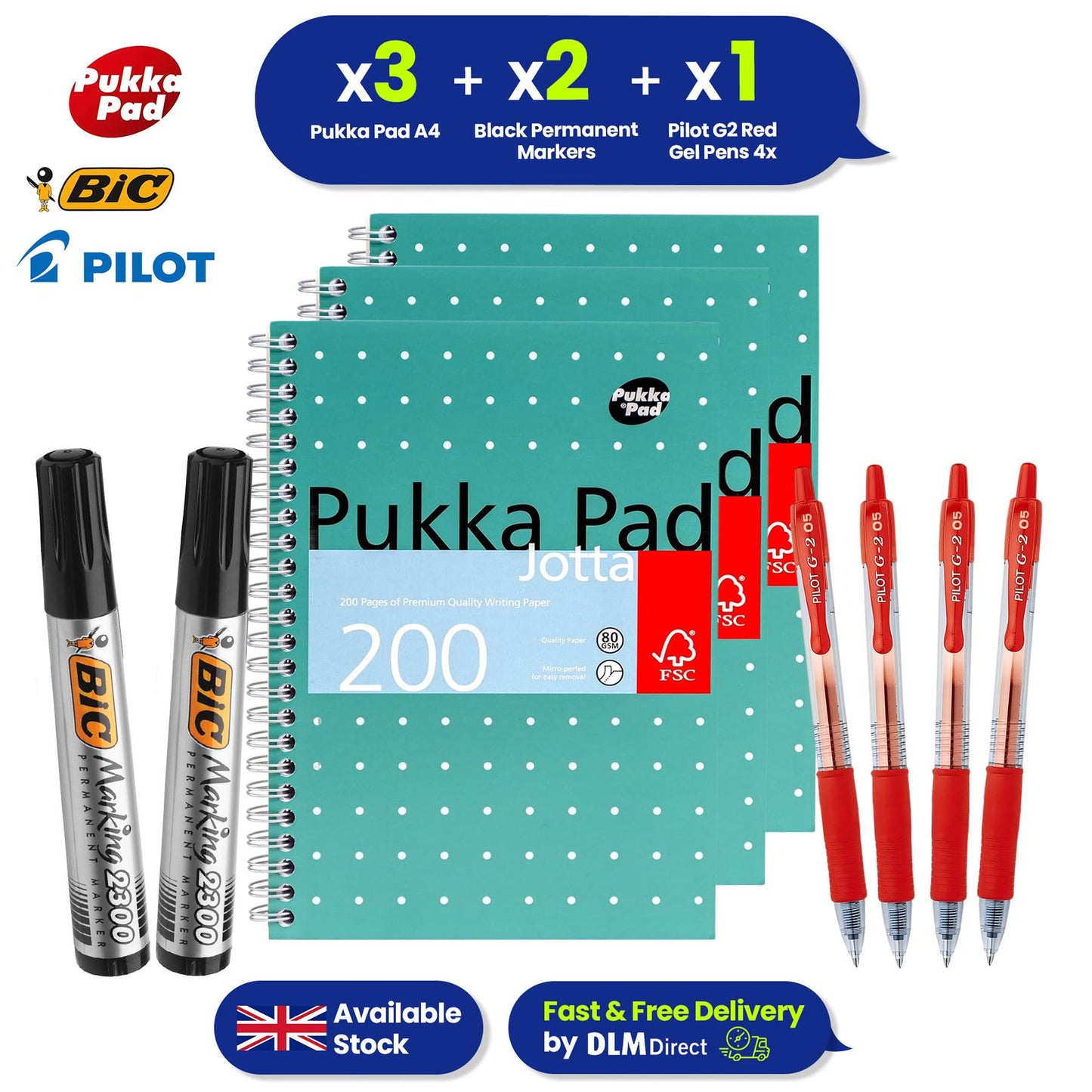 Pukka Pad A4+ Wirebound Jotta Notebook 80GSM 3x, Bic Black Permanent Markers 2x, Pilot G2 Red Pens 4x