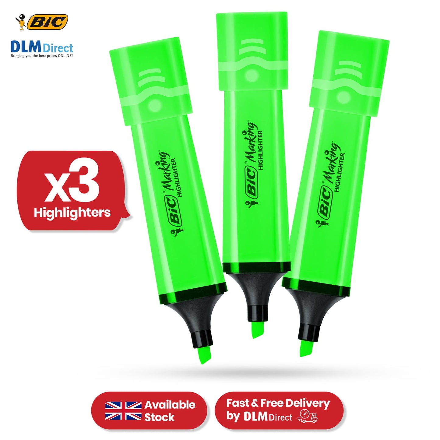 BIC 3x Marking Highlighter Flat Marker Neon Green Modular Tip for Precise Highlighting