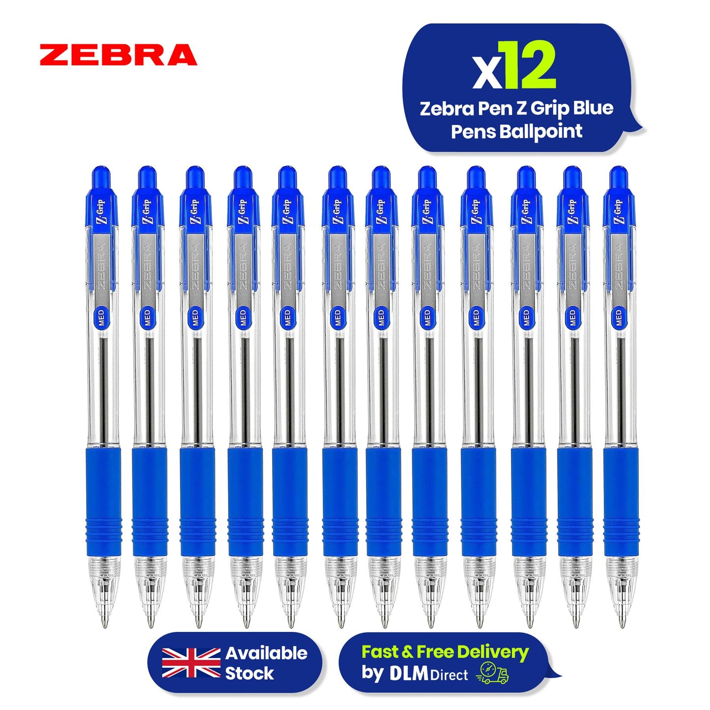 Zebra Z Grip Ballpoint Blue Retractable Pen 1.0mm Medium Point Biro for School Office (Pack of 12)