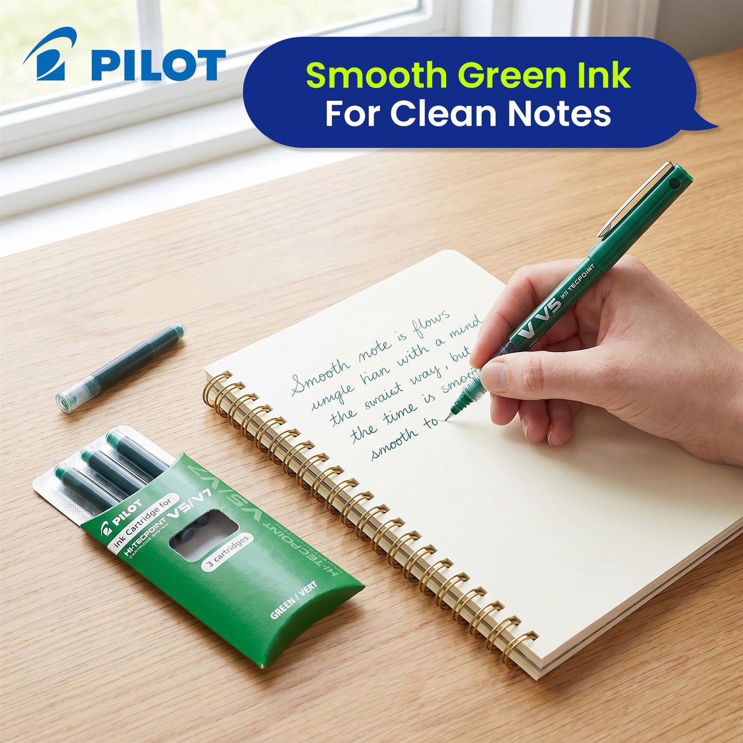 Pilot V5 V7 Ink Cartridges for Hi-Tecpoint Rollerball Pen, Green Ink, Pack of 3
