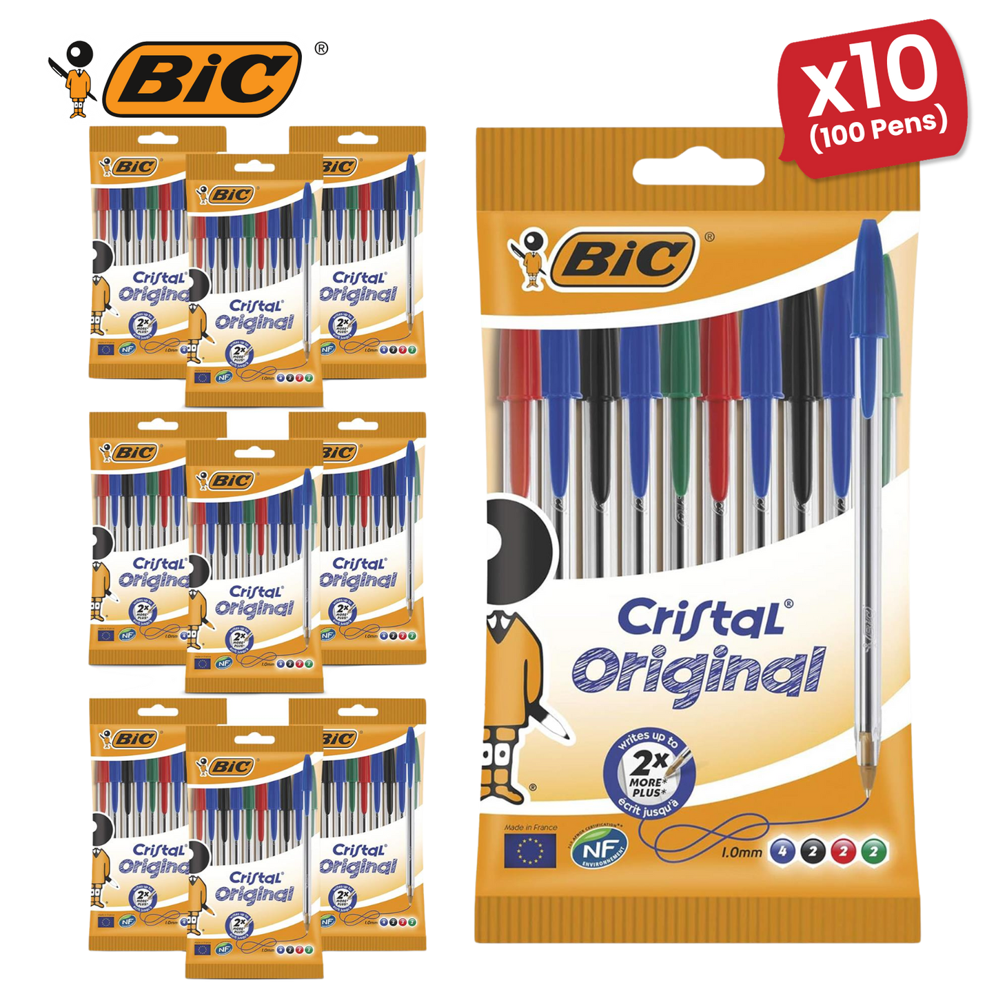 BIC Cristal Original Ballpoint Pens, Fine 1.0mm, 10 Assorted Colours, Comfortable Grip for School and Office
