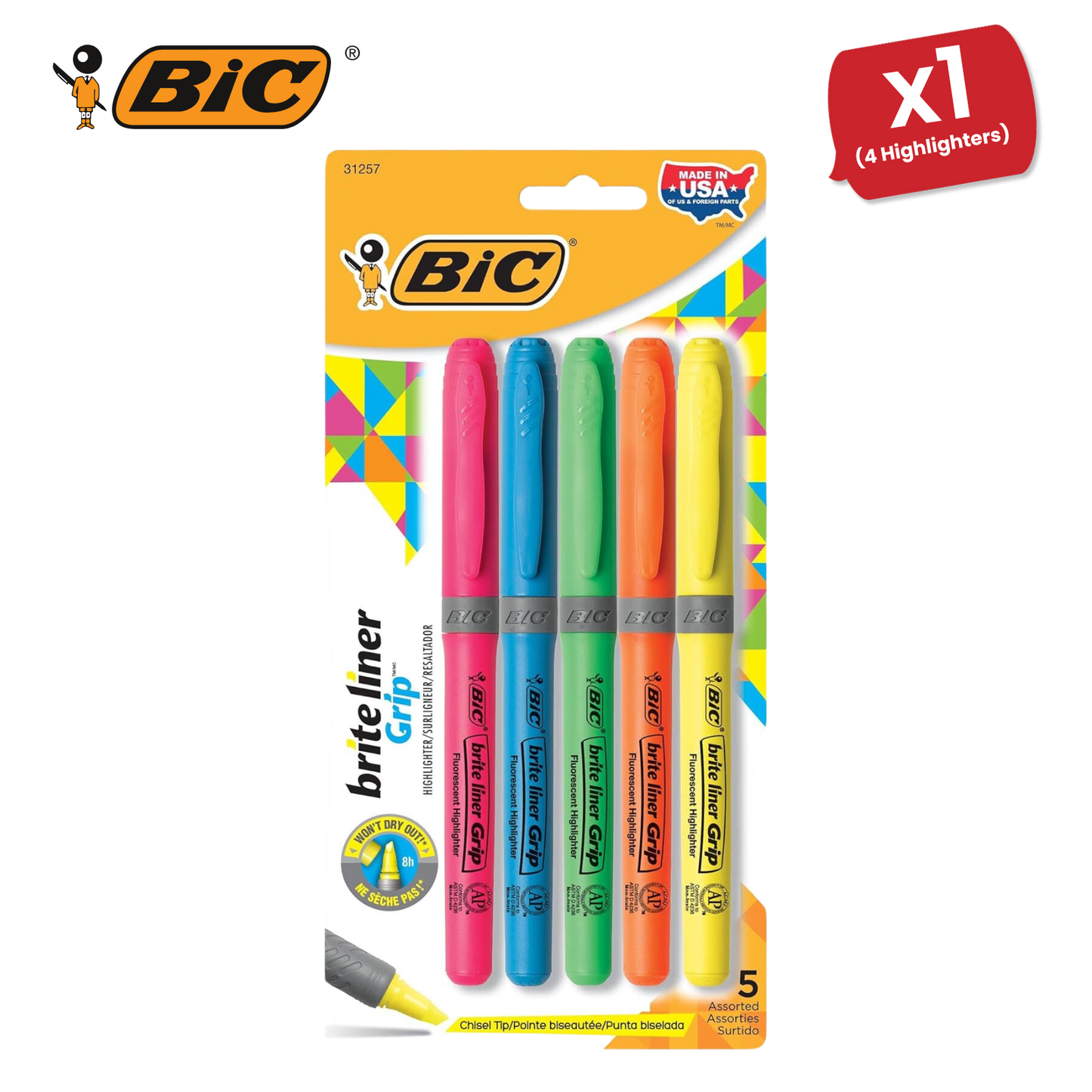 Bic brite liner Grip (1.6 to 3.3 mm) Chisel Tip Highlighter Pen Assorted (1 x Pack of 5 Highlighter Pens) - 1 to 5 Packs