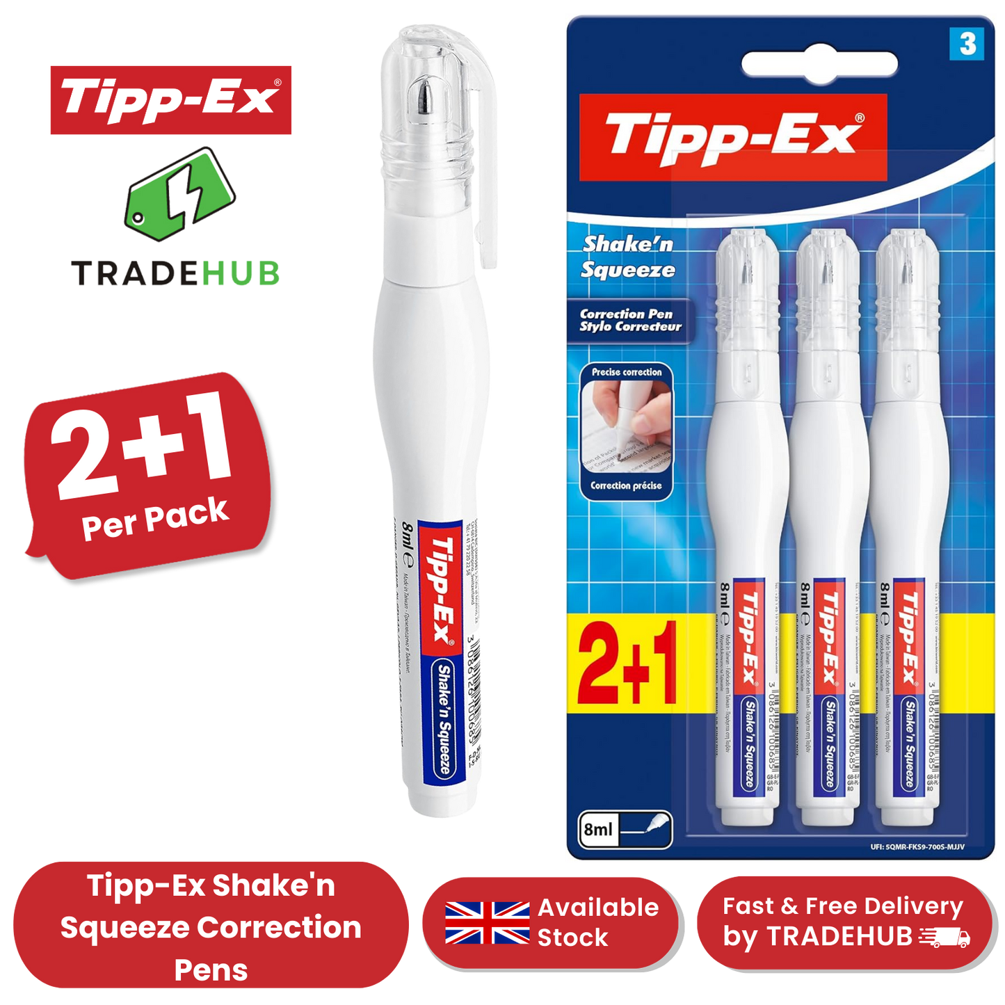 Tipp-Ex Correction Pen 8ml - Quick-Drying, Precise Error Correction, Pack of 3