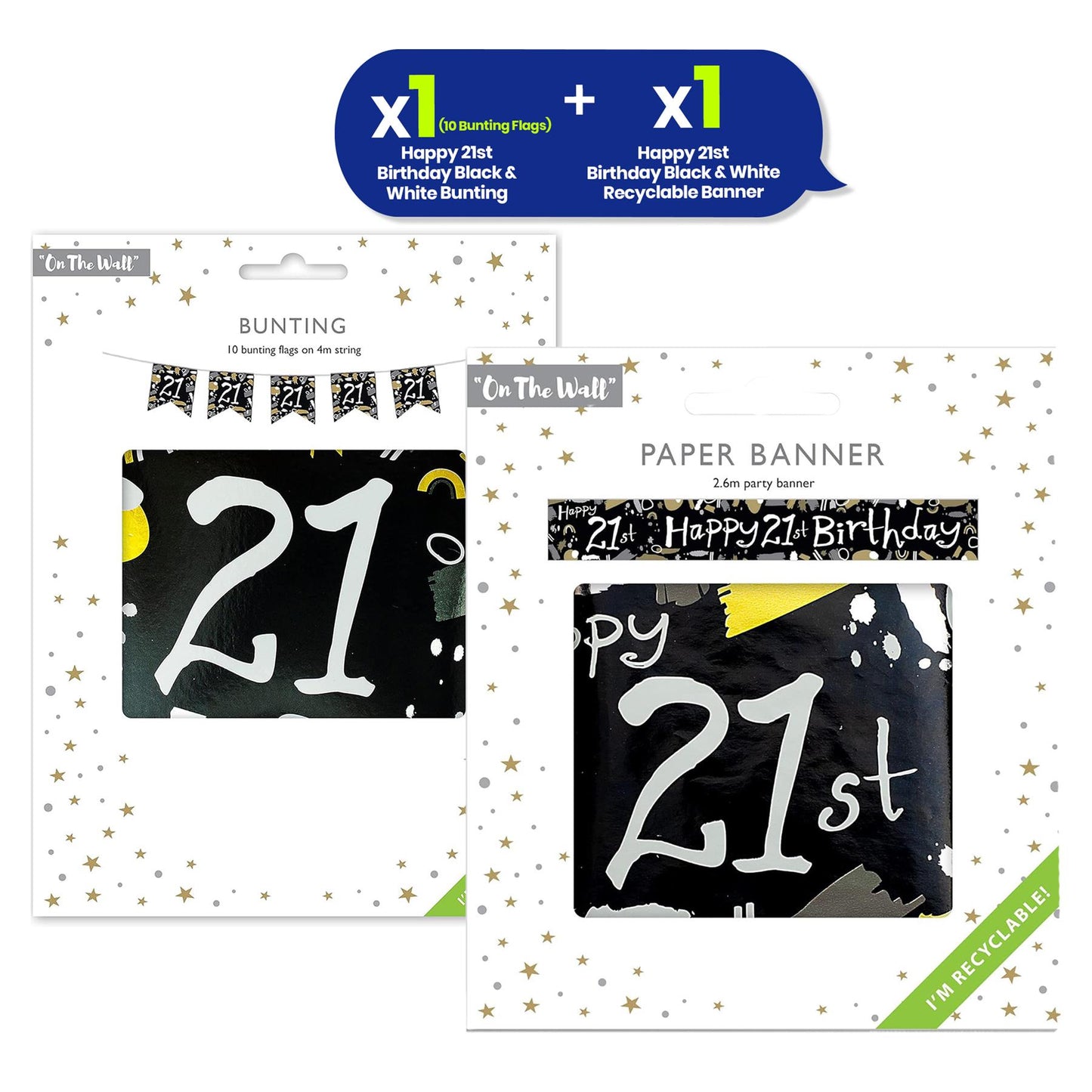 Black and White 21st Birthday Banner and Bunting Decor Set for Party Spaces