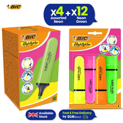BIC Highlighter Flat Marker Neon Green Pack of 12 & 4x Assorted Chisel Tip Quick Dry