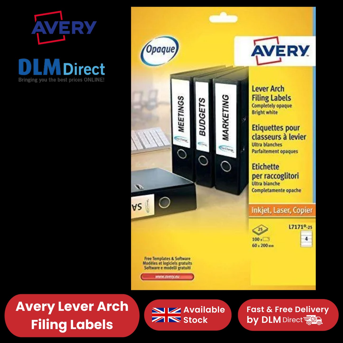 Avery L7171-25 (200 x 60mm) Lever Arch Filing Labels (Pack of 100 Labels)