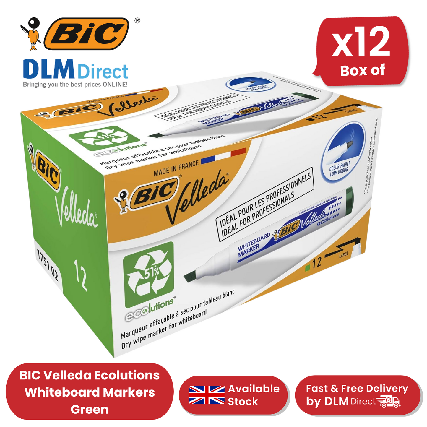 BIC Velleda 1751 ECOlutions Whiteboard Markers Green - Box of 12 - 1 to 5 Packs