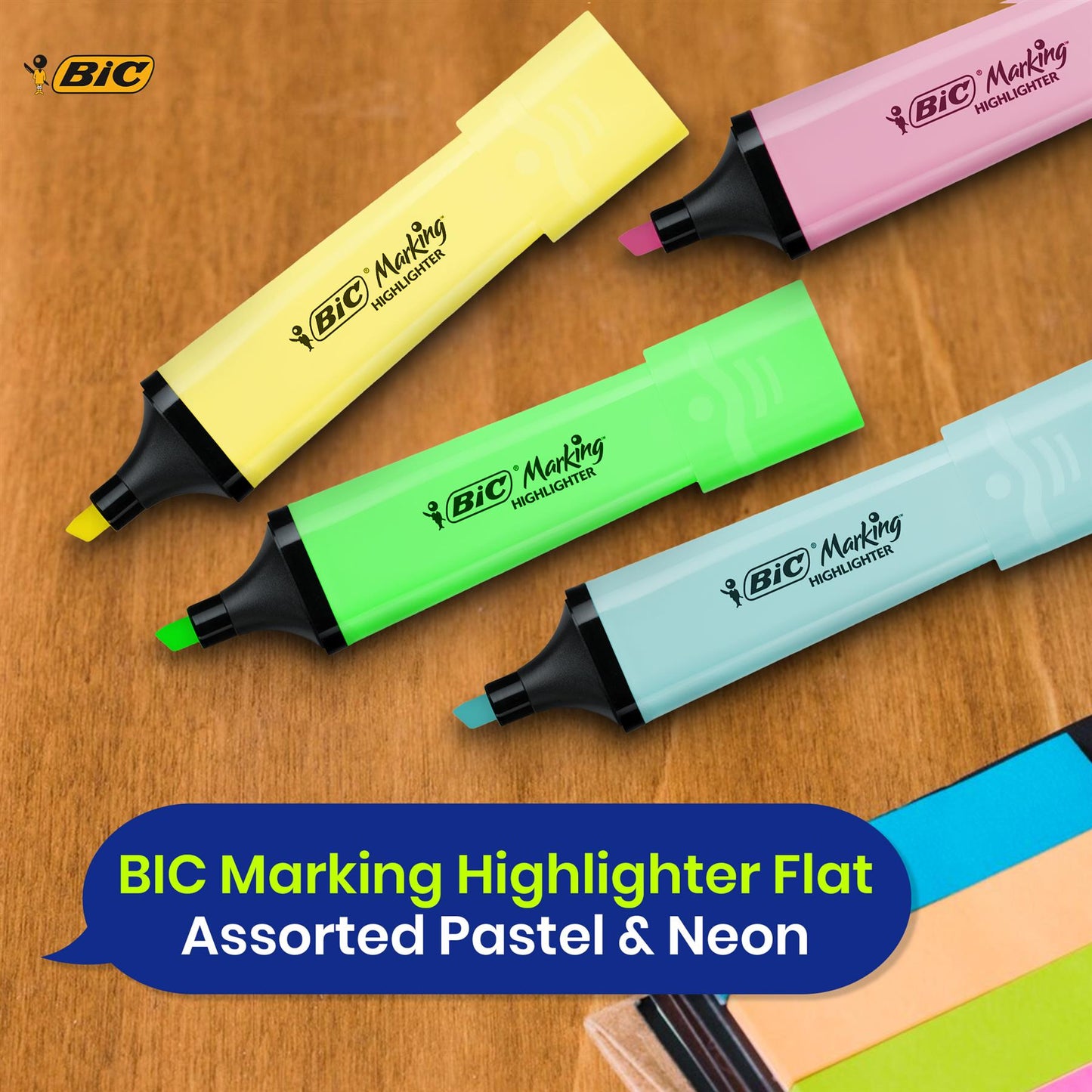 BIC 8x Marking Highlighter Flat Assorted Pastel & Neon Modular Tip for Precise Highlighting