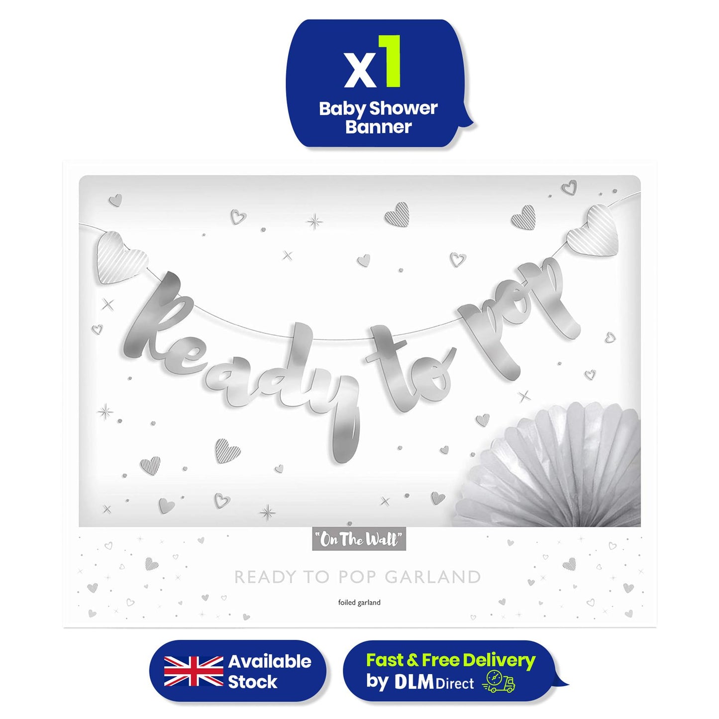 Ready to Pop Baby Shower Banner 1.5m Silver Foil Gender Neutral Baby Bunting Décor