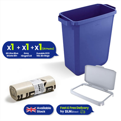 DURABIN 60L Blue Bin Set & Green Hinged Lid and 25x 110L Recycled Bin Bags