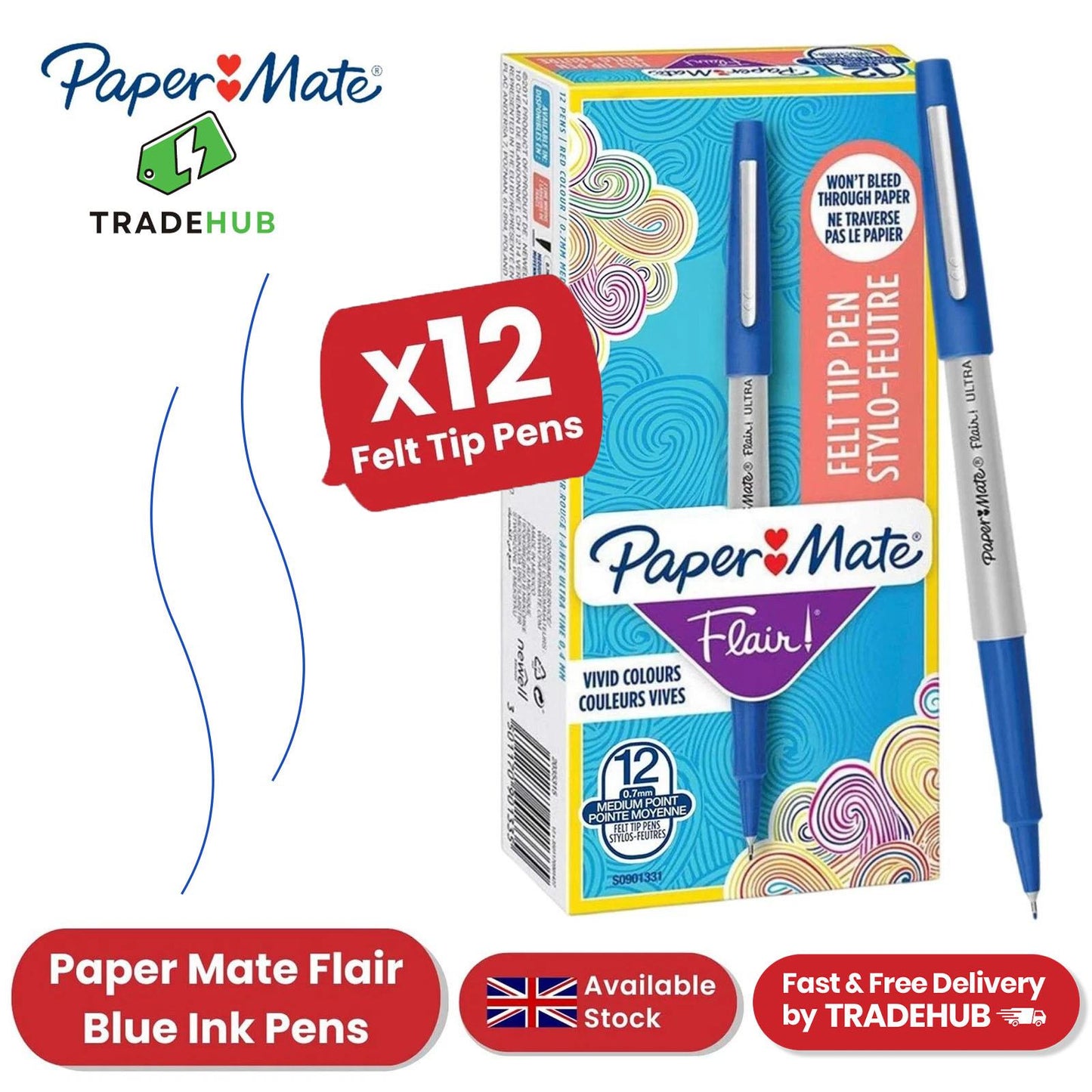 Paper Mate Flair Blue Felt Tip Pens 12 Pack, Medium Point 0.7 mm, Low Bleed
