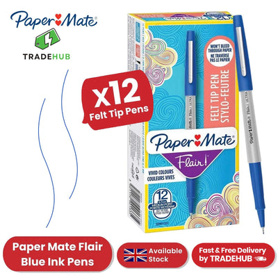 Paper Mate Flair Blue Felt Tip Pens 12 Pack, Medium Point 0.7 mm, Low Bleed