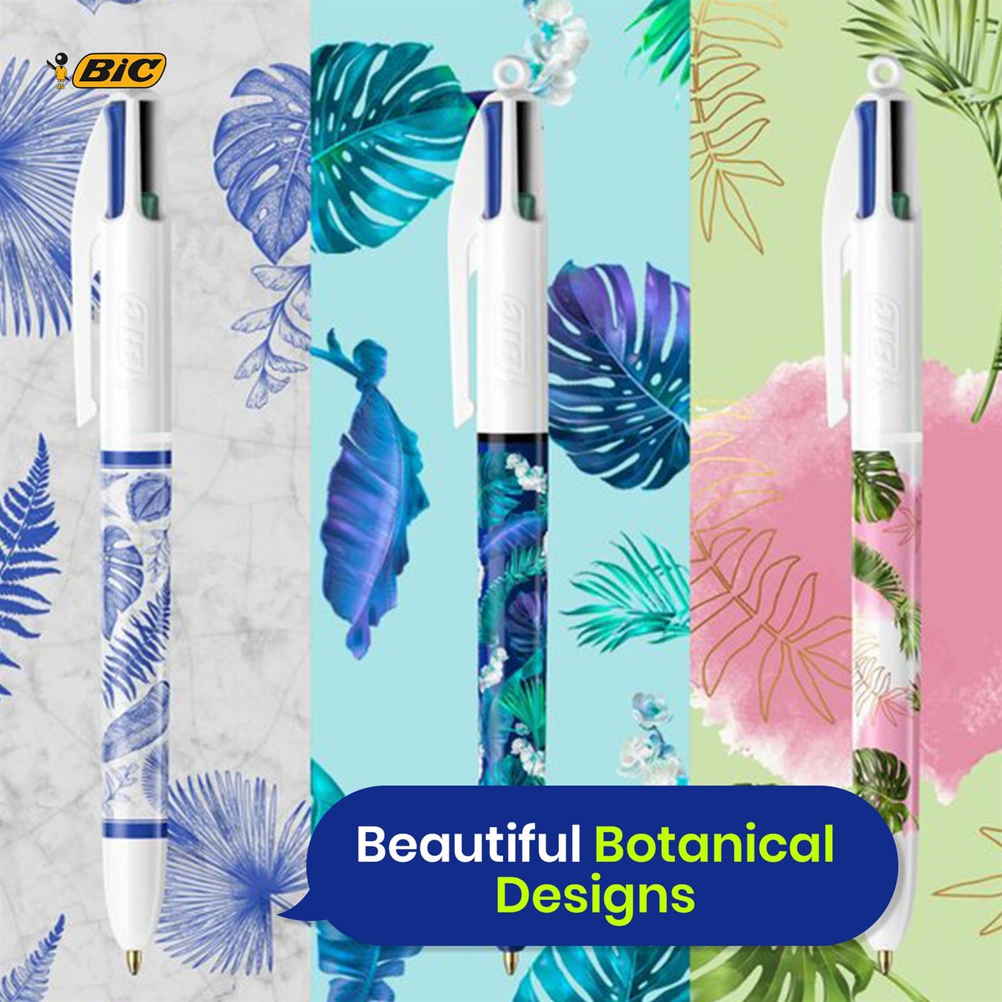BIC 4 Colours Ball Pens Botanical Pack of 3 with Black Blue Red Green Ink