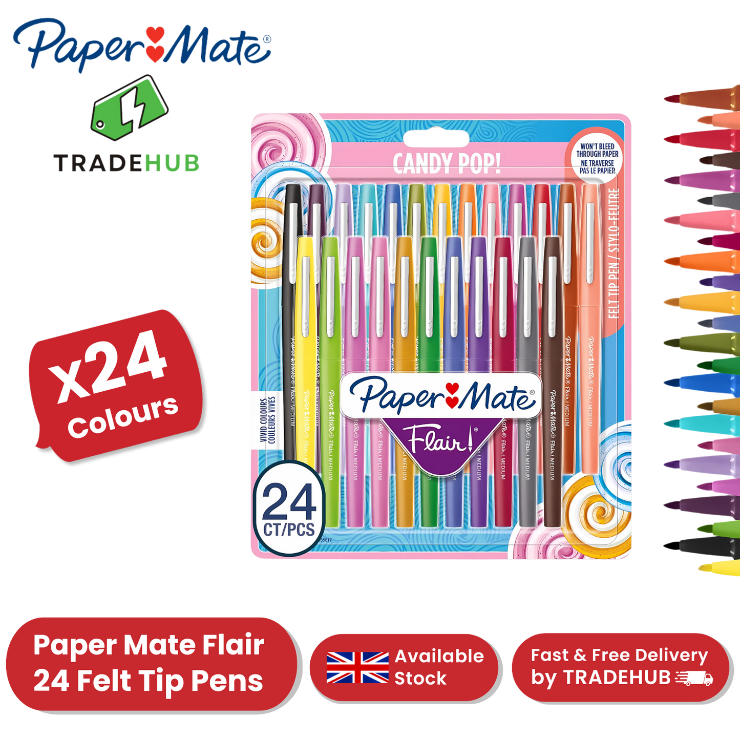 Paper Mate Flair Felt Tip Pens Candy Pop (Pack of 24) - Vibrant Multi Colors Ink
