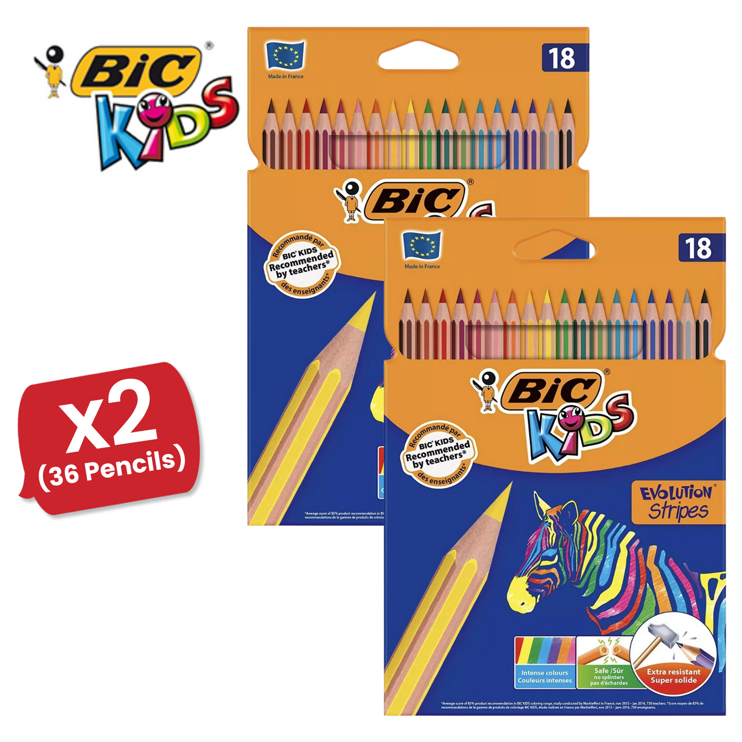 BIC Kids Evolution Stripes Colouring Pencils Assorted - Pack of 18