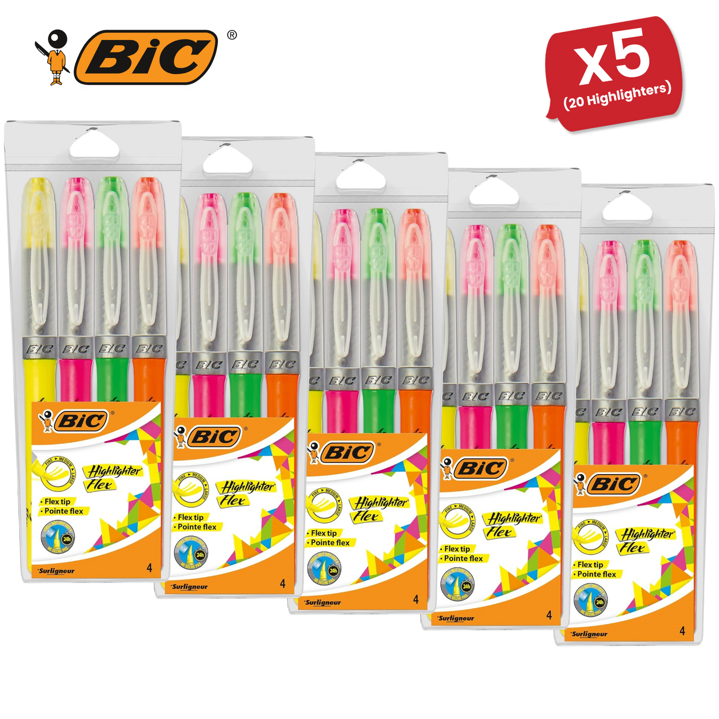 BIC Flex Assorted Fluorescent Highlighters - Pack of 4