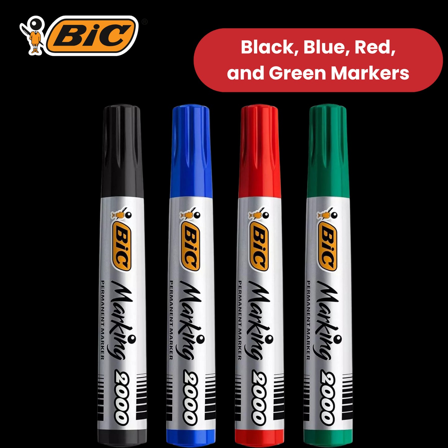 Bic 2000 Bullet Tip Permanent Marker( Black, Blue, Red, Green) Pack of 4 Markers