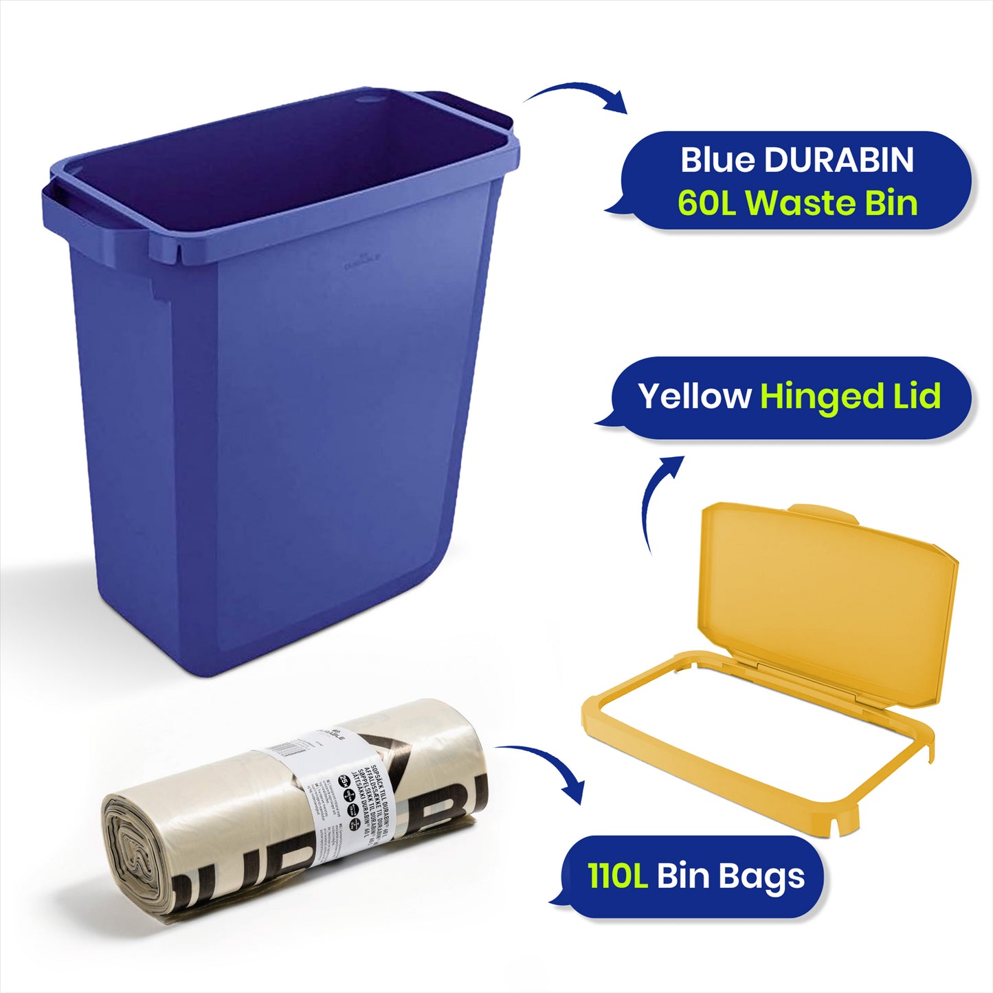 DURABIN 60L Blue Bin Set & Grey Hinged Lid and 25x 110L Recycled Bin Bags