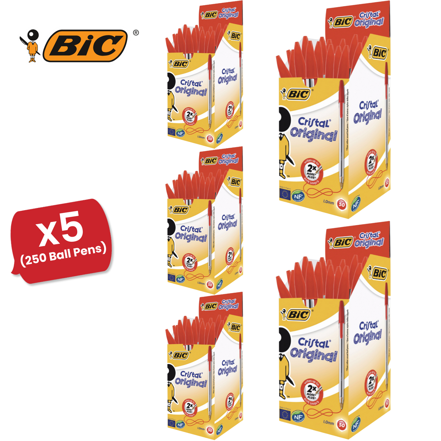BIC CRISTAL MEDIUM BALL POINT PEN RED - BOX OF 50 - 1 to 5 Packs