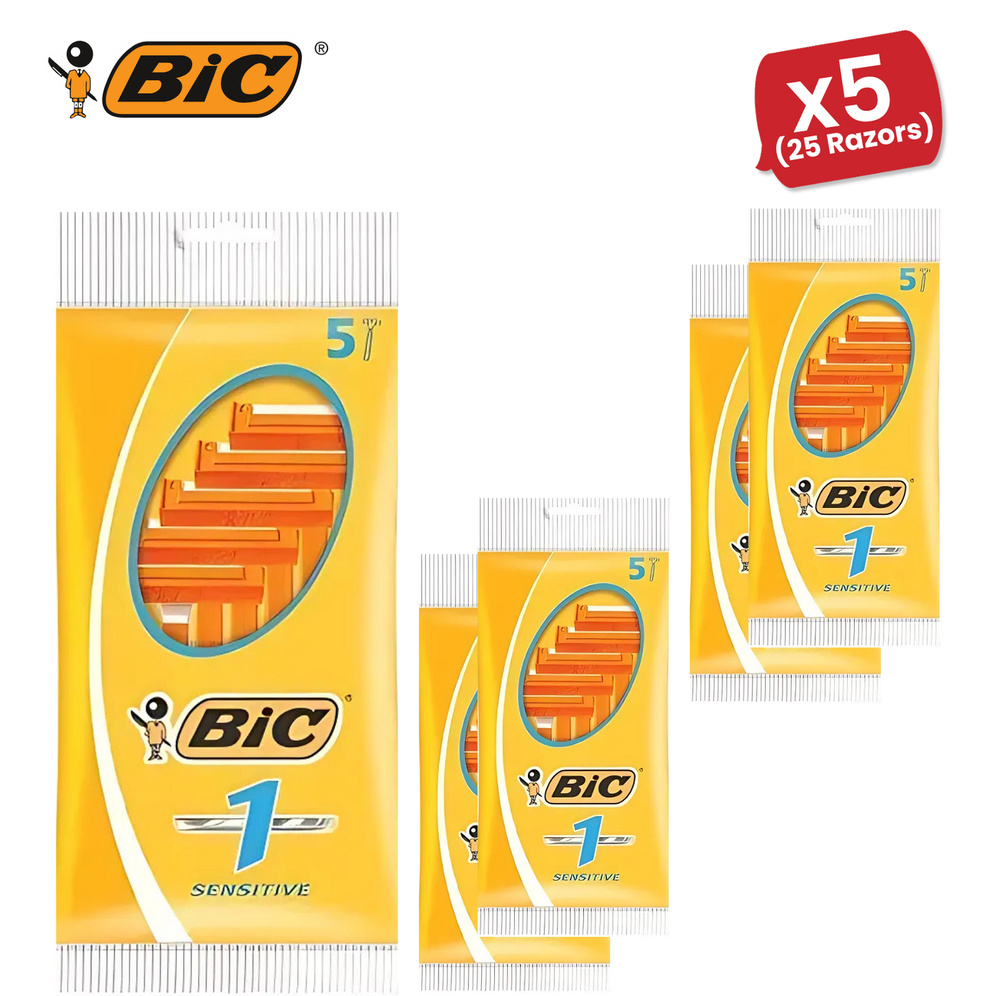 BiC Single Blade Sensitive Razors for Sensitive Skin, Everyday Use - Pack of 5