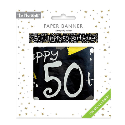 Happy 50th Birthday Black and White Banner 2.6m Party Decor for Milestone Celebration